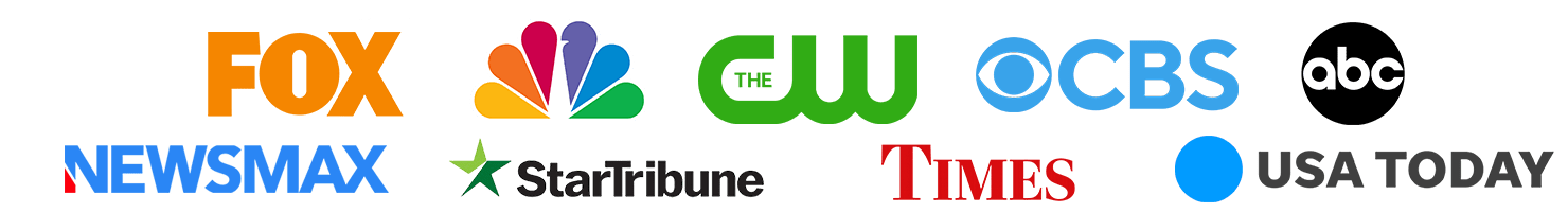 Media logos including Fox, NBC, The CW, CBS, ABC, Newsmax, Star Tribune, Times, and USA Today